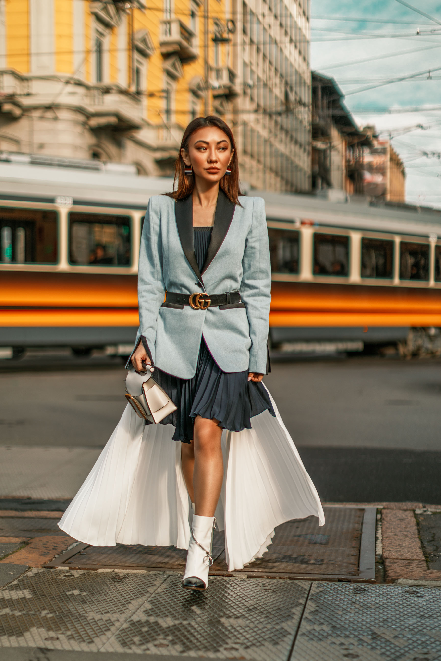 Milan Fashion Week - Jessica Wang Street Style, Blue Tuxedo Jacket, Gucci Belt Outfit, MFW Street Style // Notjessfashion.com