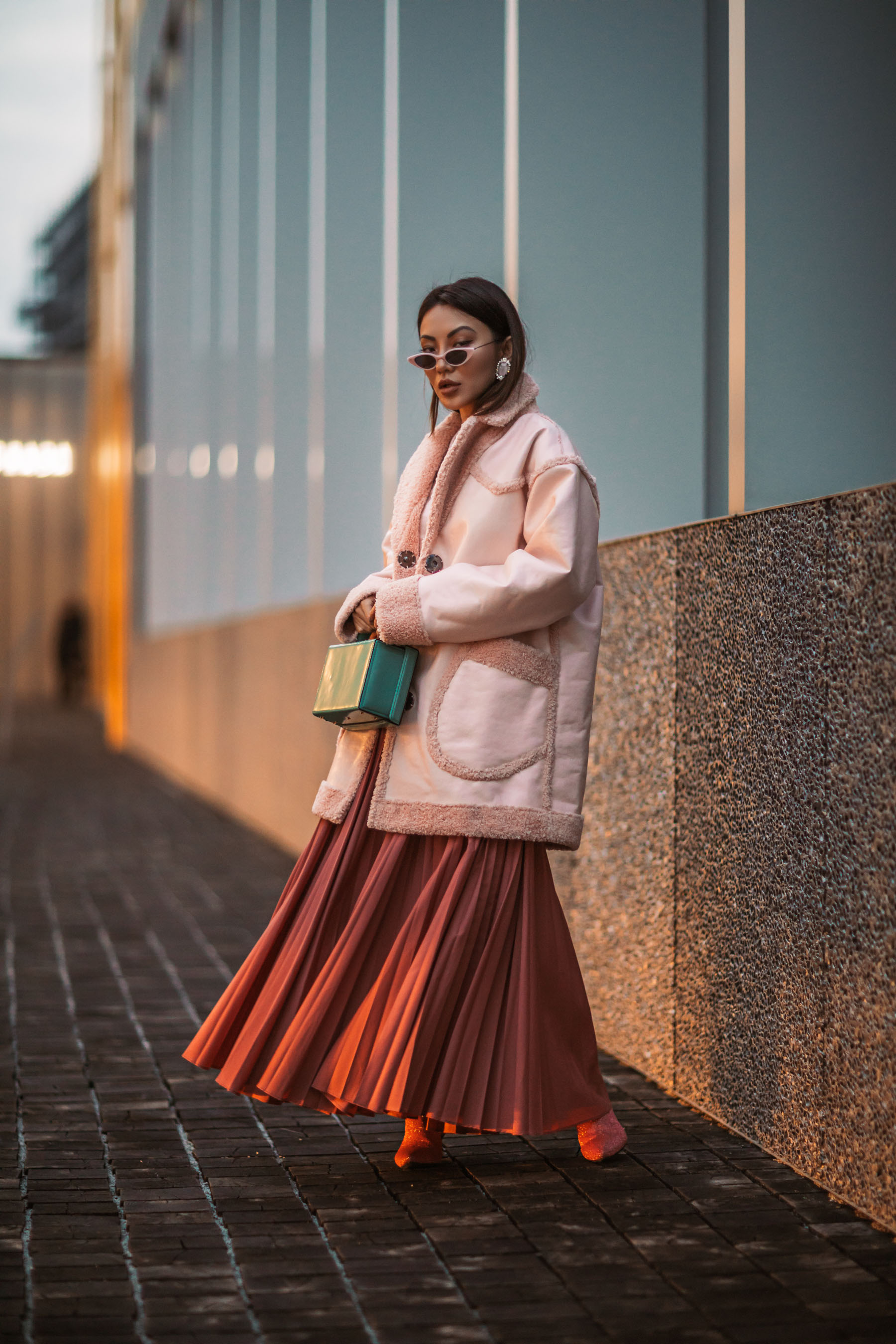 Milan Fashion Week - Pink Shearling Jacket, pleated skirt, mfw street style // Notjessfashion.com