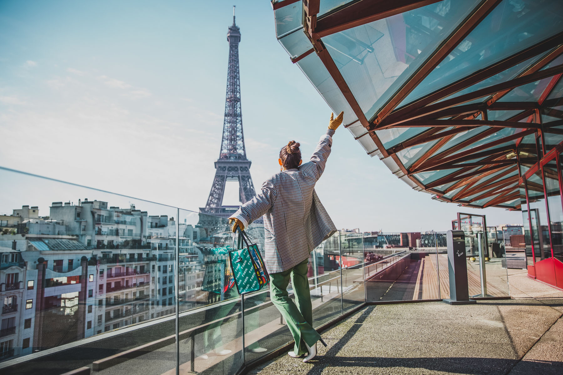 2018 handbag trend - balenciaga paris shopper tote, mytheresa bags, pfw street style, green pants with plaid blazer // Notjessfashion.com