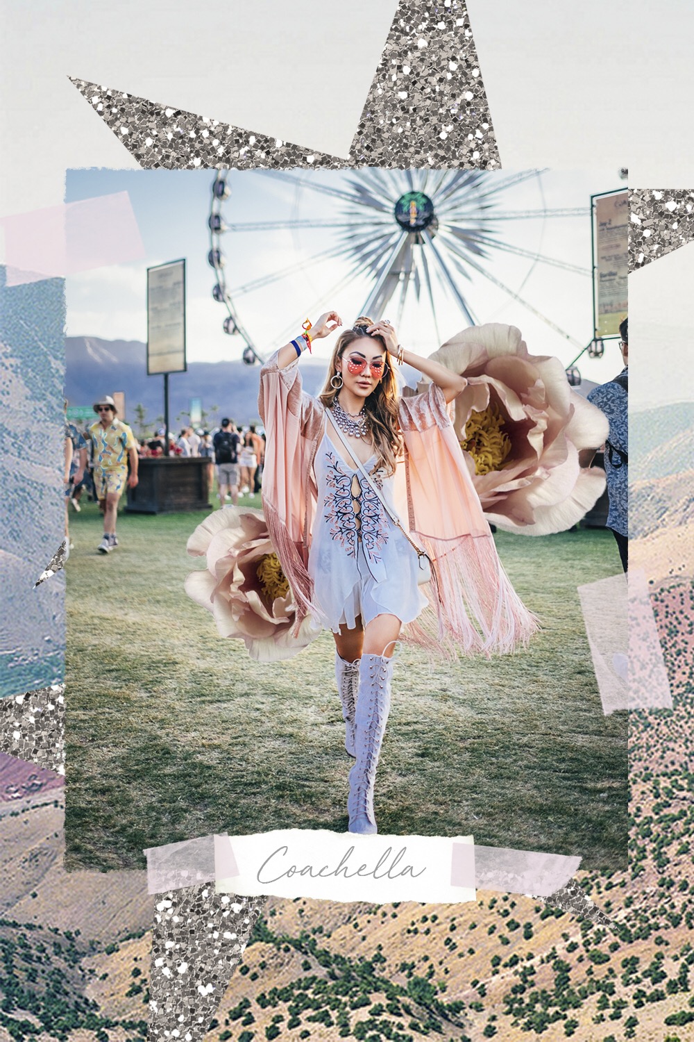 Cool Coachella Outfit Ideas - Coachella Collage, Fringe Kimono, Embroidered Dress // Notjessfashion.com