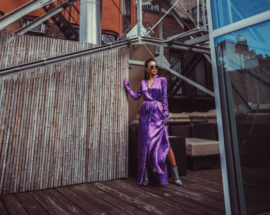 4 Purple Outfits That Prove The Color is Here to Stay - Purple silk kimono, silver sequin boots, nyfw street style // Notjessfashion.com