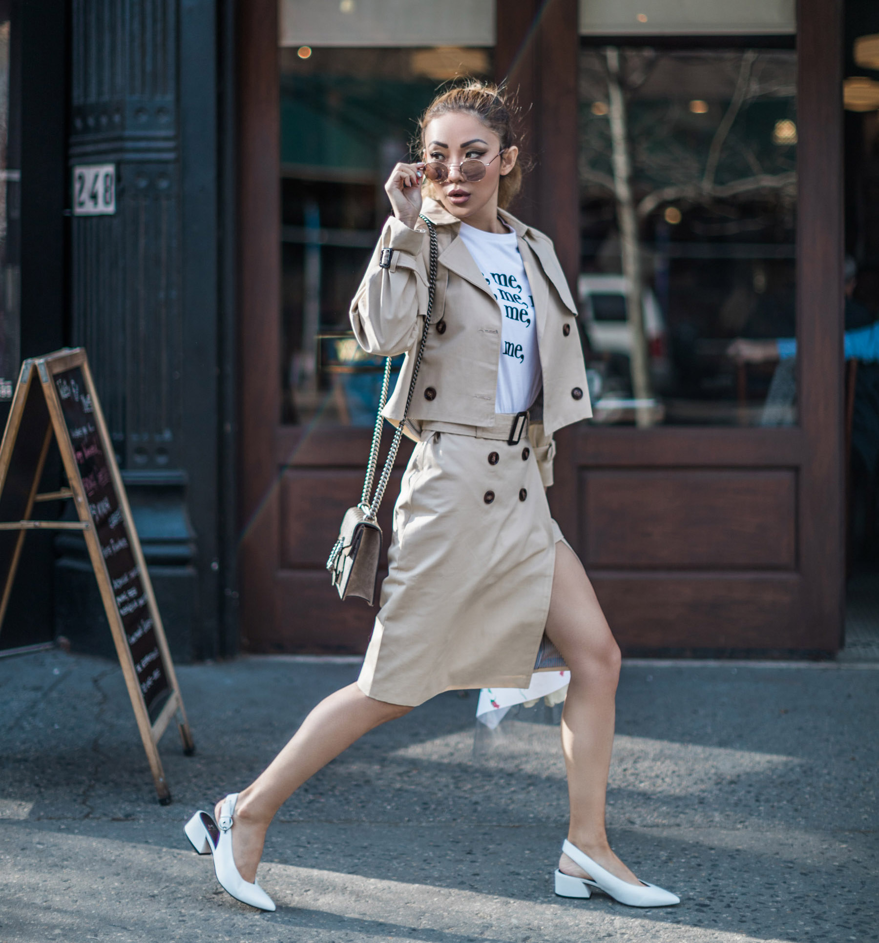 Spring Transitional Jackets - Cropped Trench Coat with Skirt and White Pumps // NotJessFashion.com