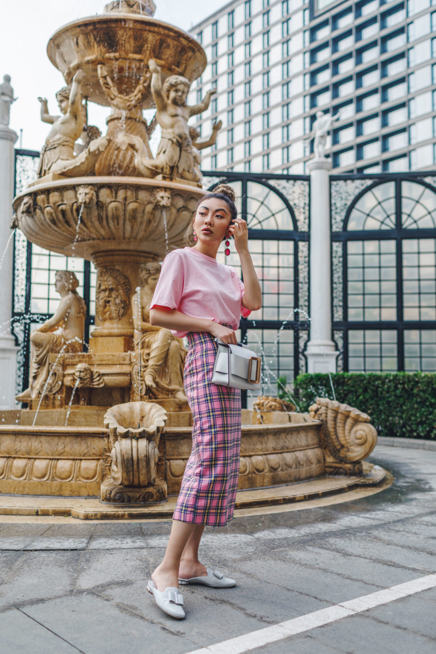 spring 2019 capsule wardrobe - Chic travel outfits, pink plaid skirt, pink monochrome outfit, summer travel outfits // Notjessfashion.com