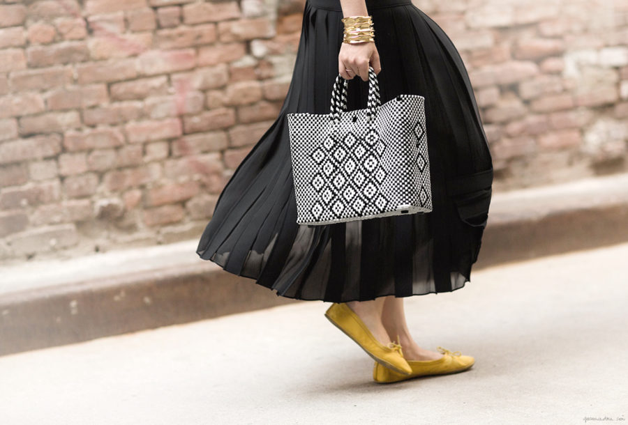 Summer Handbag Styles to Elevate Your Look - Woven Handbag, Black Maxi Skirt, Yellow Flats // Notjessfashion.com