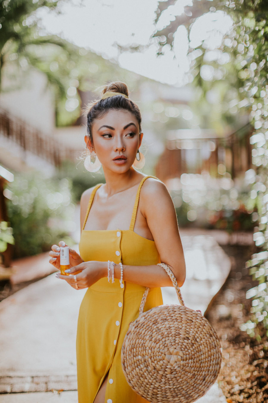 How to Get Smoother and Brighter Skin - Clinique Fresh Press, Clinique Vitamin C Serum, Fairmont Mayakoba, yellow dress, straw circle bag // Notjessfashion.com