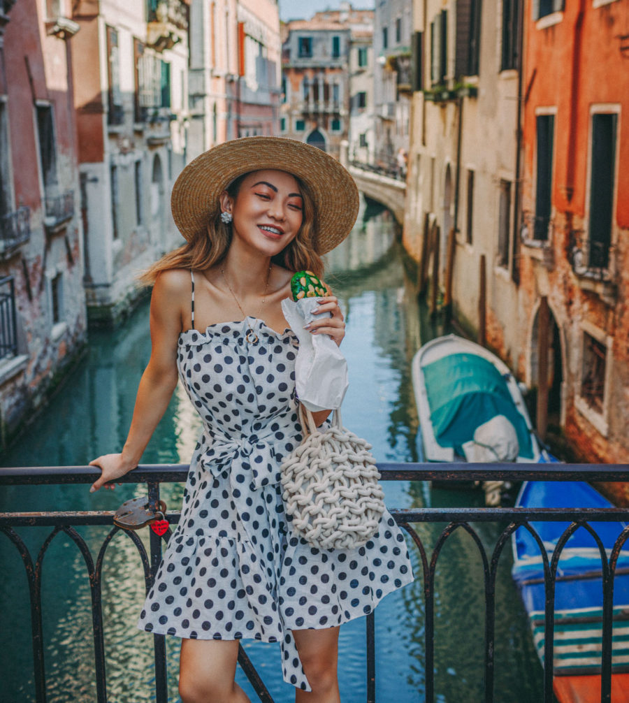 Instagram Outfits in Venice - polka dot dress, venice canals, venice bridge, travel blogger, black and white dress, summer sundress // Notjessfashion.com
