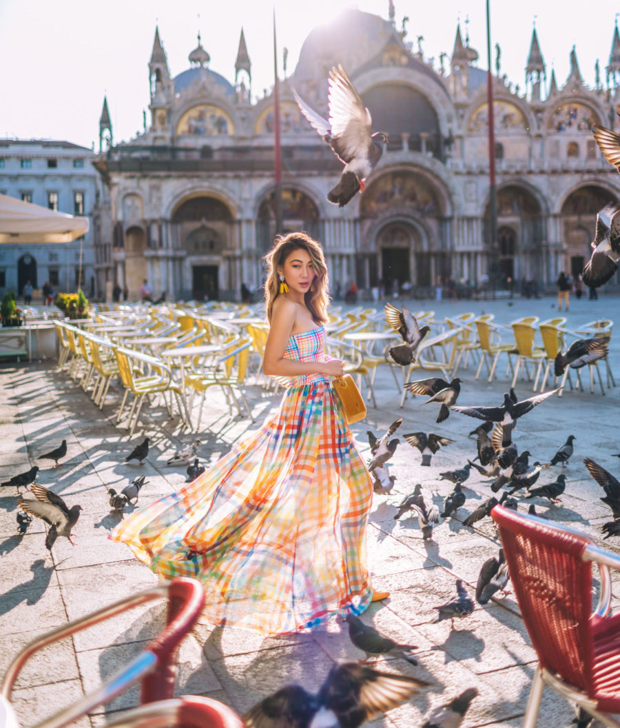 Instagram Outfits in Venice - colorful plaid dress, smocked top dress, san marco square venice italy, travel blogger // Notjessfashion.com