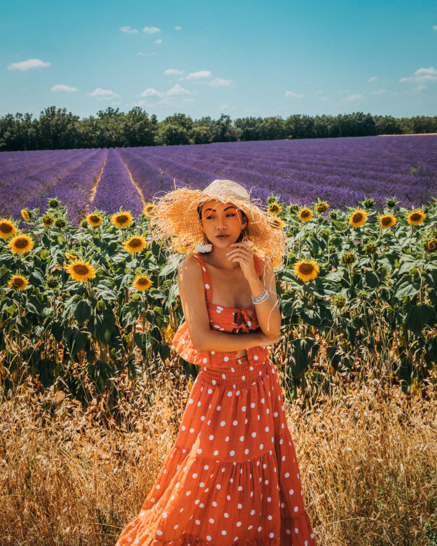 sunflowers and lavenders in provence, polka dot dress, frayed straw hat // Notjessfashion.com