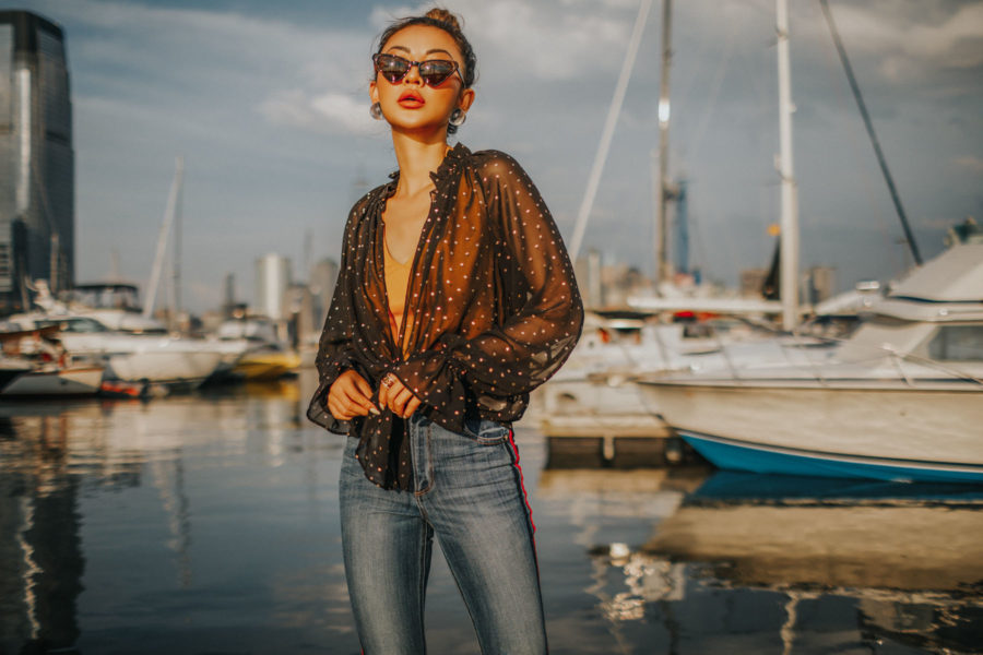 Jean Trends You Need for Fall 2018 - Express Side Stripe Jeans, Express sheer blouse // Notjessfashion.com