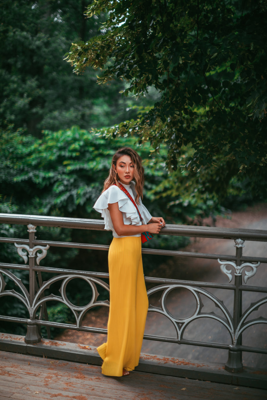 casual cool outfit with Pleated Pants white ruffle top from the outnet // Jessica Wang - Notjessfashion.com