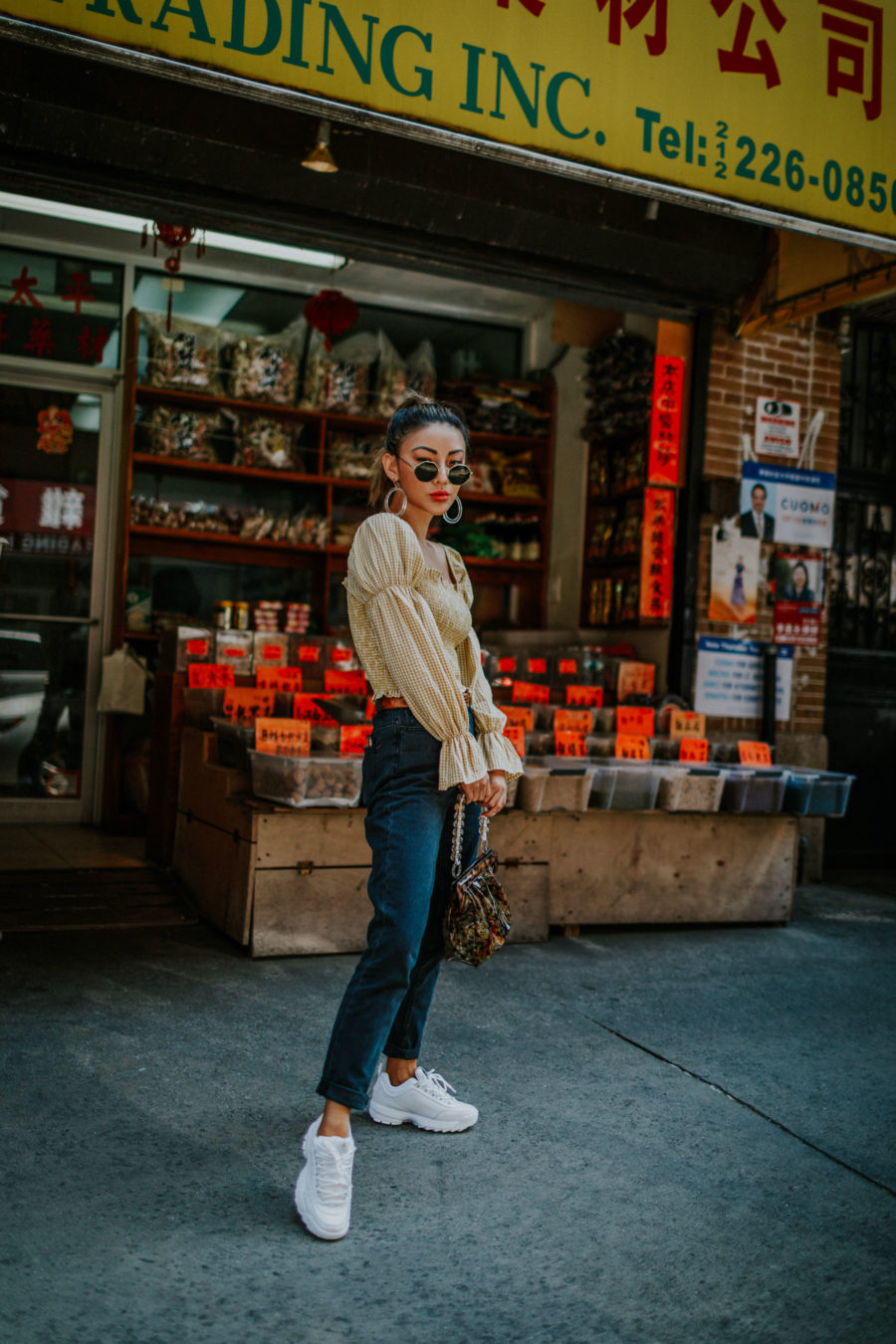 best things to do for chinese new year in nyc, chinatown nyc, BDG Mom Jeans, smocked top, western belt, hexagonal sunglasses, NYC fashion blogger // Notjessfashion.com
