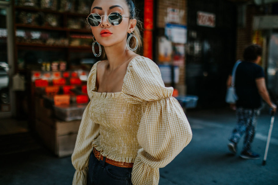 Summer Prints to Wear in the Fall - BDG Mom Jeans, smocked top, western belt, hexagonal sunglasses, NYC fashion blogger // Notjessfashion.com