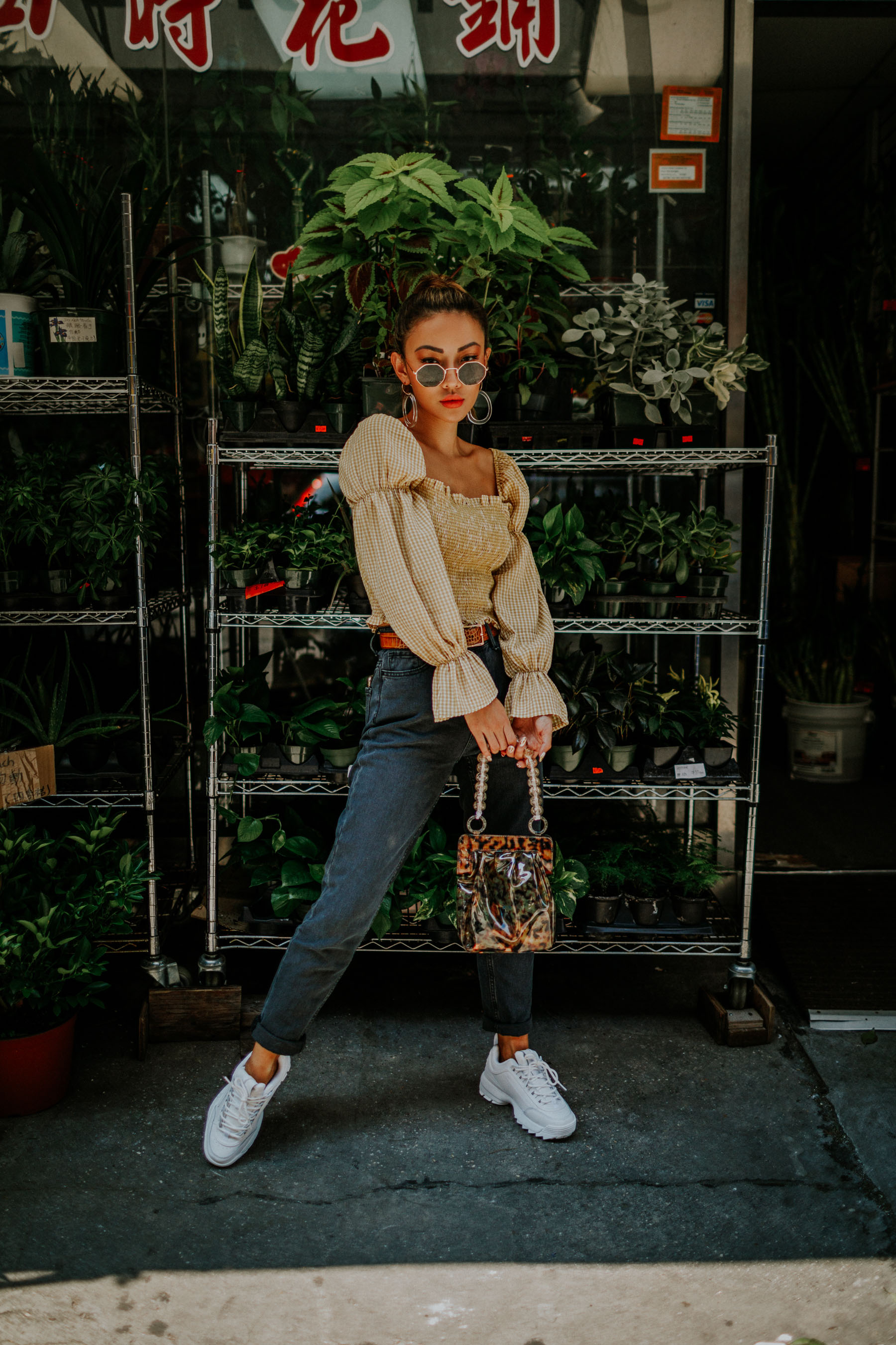 linen pieces for summer, linen yellow top, BDG Mom Jeans, smocked top, western belt, hexagonal sunglasses, NYC fashion blogger // Notjessfashion.com