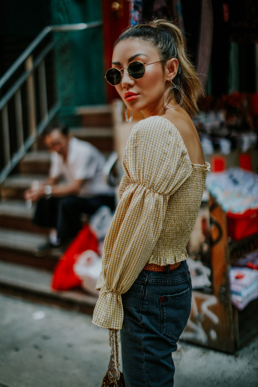 Shop your favorite fall trends with Afterpay at Urban Outfitters- BDG Mom Jeans, smocked top, western belt, hexagonal sunglasses, NYC fashion blogger // Notjessfashion.com