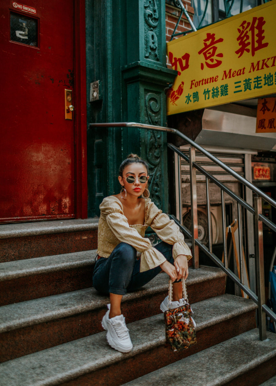 Shop your favorite fall trends with Afterpay at Urban Outfitters- BDG Mom Jeans, smocked top, western belt, hexagonal sunglasses, NYC fashion blogger // Notjessfashion.com