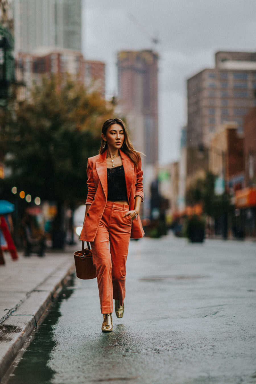 How to Wear the Corduroy Trend - & other stories corduroy suit, gold boots, meli melo bag // Notjessfashion.com