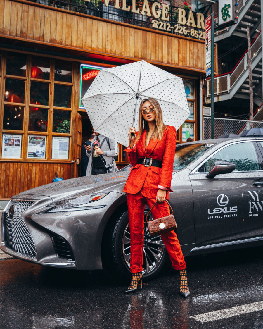 NYFW SS19 Recap, NYFW SS19 Street Style, Red Suit, Jimmy Choo Caged booties // Notjessfashion.com