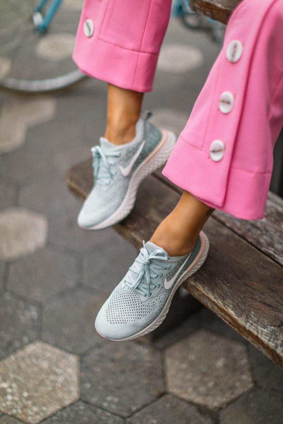 How to Wear Sneakers from Day to Night - Pink Trousers with sneakers, Nike Epic React Sneakers, fashion sneakers // Notjessfashion.com