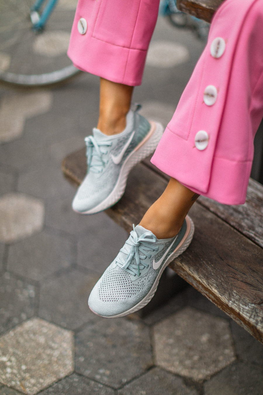 spring 2019 capsule wardrobe - Pink Trousers with sneakers, Nike Epic React Sneakers, fashion sneakers // Notjessfashion.com