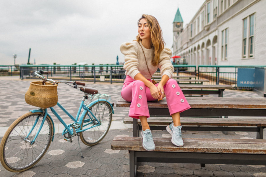 How to Wear Sneakers from Day to Night - Pink Trousers with sneakers, Nike Epic React Sneakers, fashion sneakers // Notjessfashion.com
