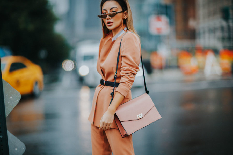 How to Style Pantsuits - Reiss Pant Suit, Belted Blazer, Tan suit, suits for women, cat eye sunglasses // Notjessfashion.com