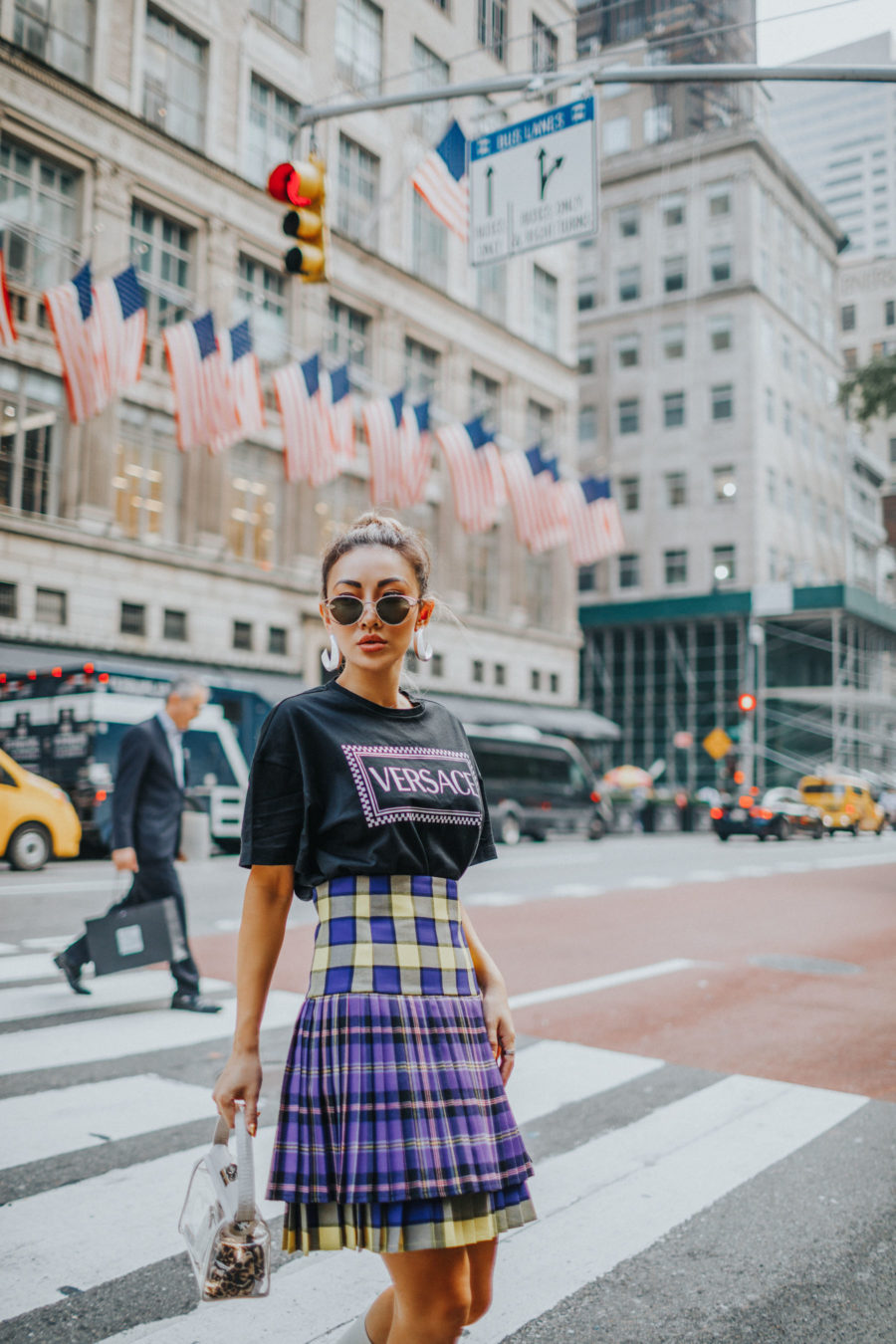 Shopping Spree in NYC with ShopRunner - Versace Tee, Plaid Skirt, White Boots // Notjessfashion.com