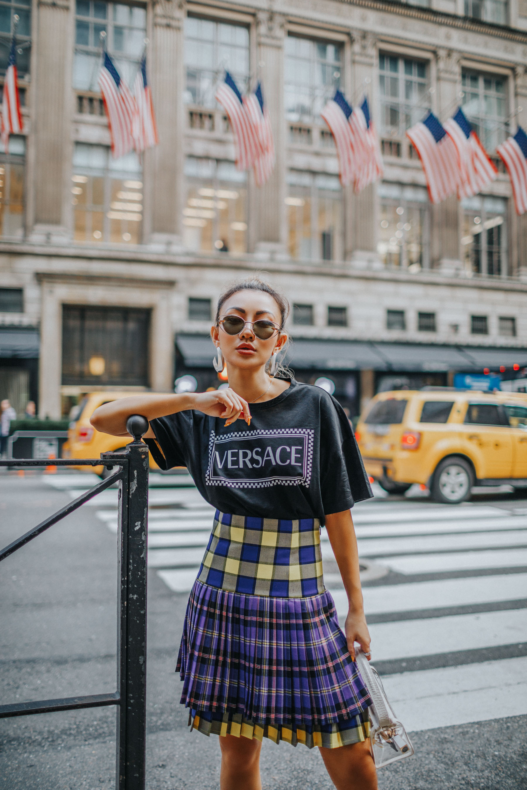 back to school outfits, Versace Tee, Plaid Skirt, White Boots // Notjessfashion.com