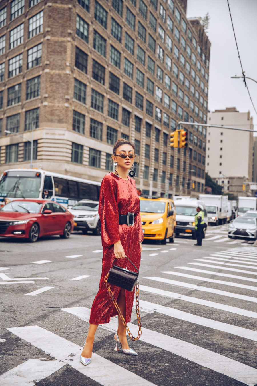 sparkly holiday festive outfits featuring red sequined midi dress and amina muaddi holographic pumps // Jessica Wang - Notjessfashion.com