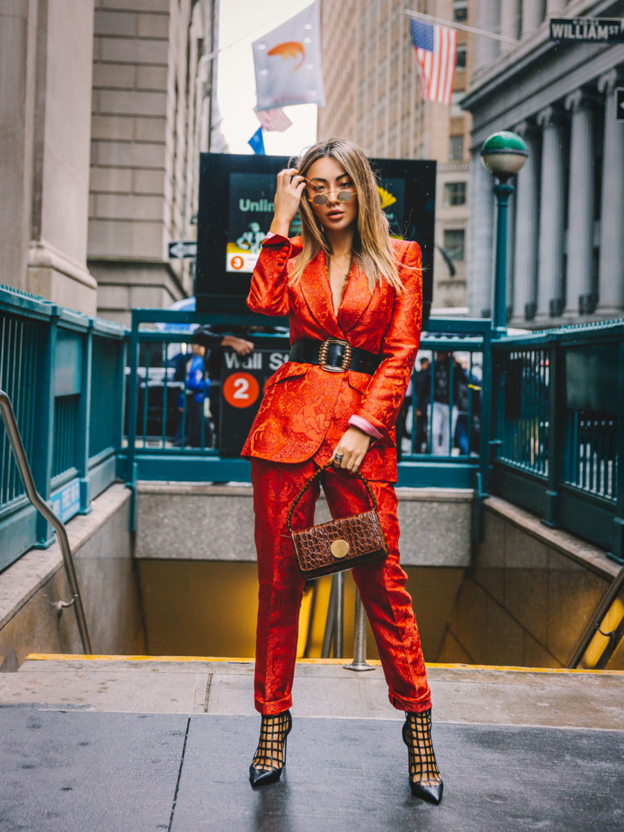 NYFW SS19 Recap, NYFW SS19 Street Style, Red Suit, Jimmy Choo Caged booties // Notjessfashion.com