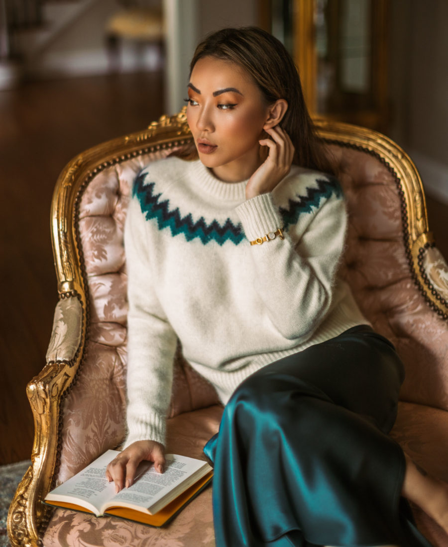 jessica wang wearing a fair isle sweater with a slip skirt and sharing the best holiday sweaters // Jessica Wang - Notjessfashion.com