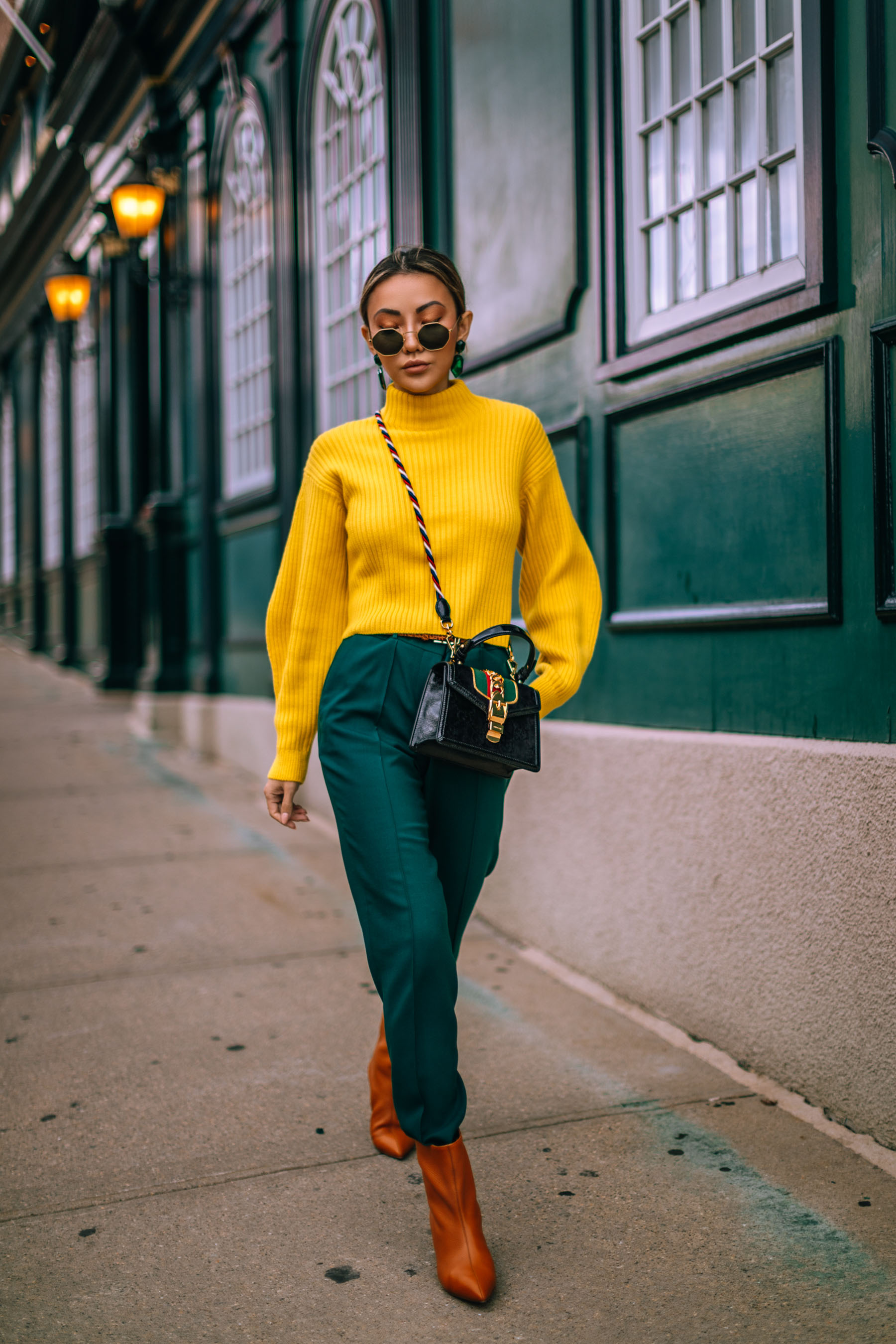 Must have sweaters for fall and winter 2019 - yellow bell sleeve turtleneck sweater, sweaters, Green and Yellow outfit, Gucci Bag // Notjessfashion.com