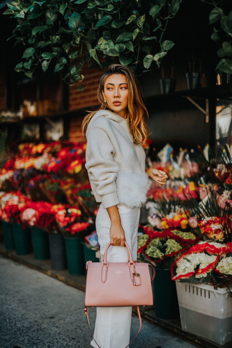 faux fur pocket sweaters, tibi sweater, sweater styles for fall, winter white outfit // Notjessfashion.com