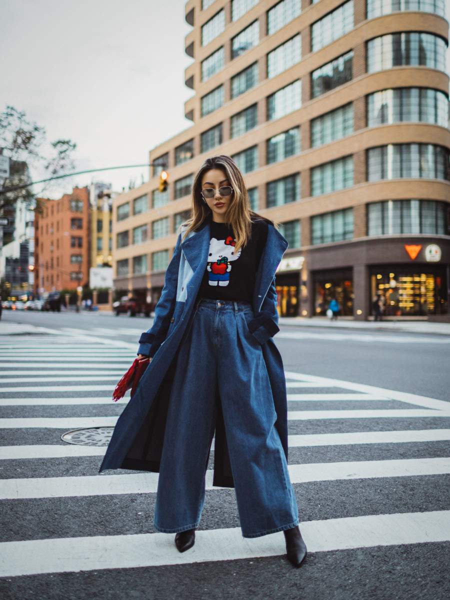 my recent summer to fall transition outfits - baggy jeans, chinti and parker hello kitty sweater, ksenia schnaider patchwork coat, SJYP Wide leg Jeans, Rag & Bone booties, Unique design milano sunglasses // Jessica Wang - Notjessfashion.com