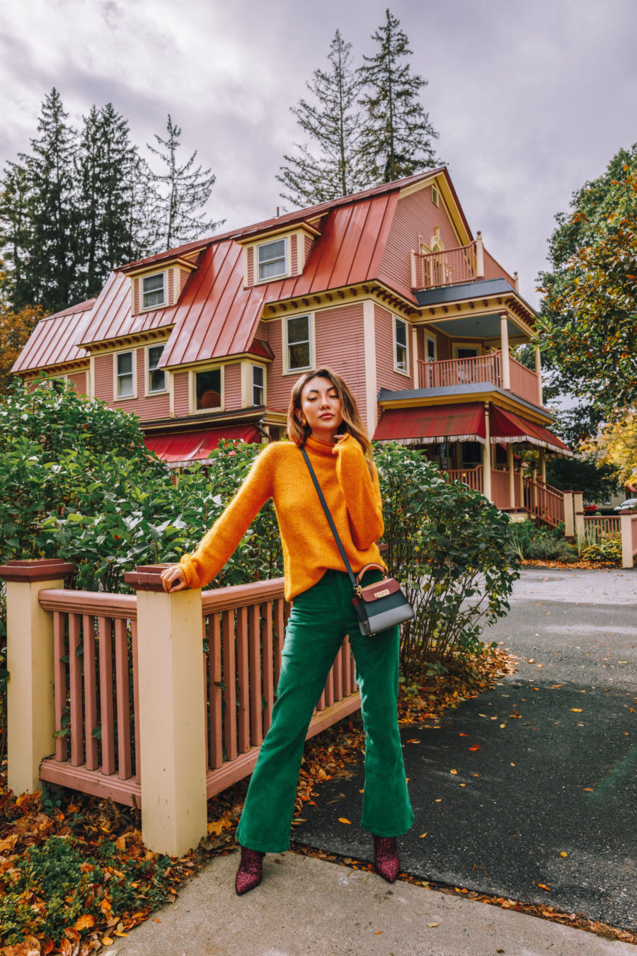 colorful fall outfit, orange and green outfit, glittery boots // Notjessfashion.com