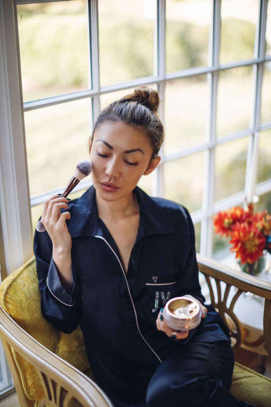 comfy loungewear featuring silky navy piped pajamas // Jessica Wang - Notjessfashion.com