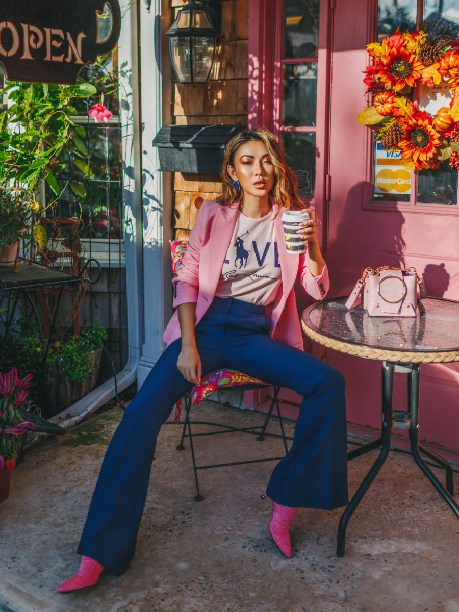 Effortlessly chic winter brunch outfits - pink blazer, flared jeans, pink booties, ralph lauren breast cancer // Notjessfashion.com