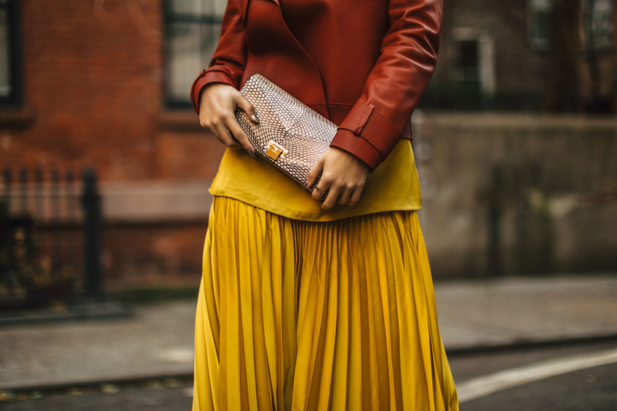 Holiday Party Outfit Ideas - reiss pleated skirt, reiss leather jacket, pleated skirt outfit // Notjessfashion.com