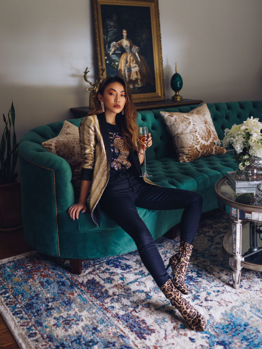 Trends I am ditching in 2020 - Alice + Olivia sequin blazer, leopard graphic tee, high rise skinny jeans, leopard print stretch ankle boots, Mignonne Gavigan jewelry // Notjessfashion.com