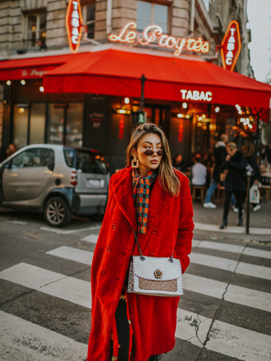 fashion blogger jessica wang goes to Paris wearing a red winter coat and plaid scarf // Notjessfashion.com
