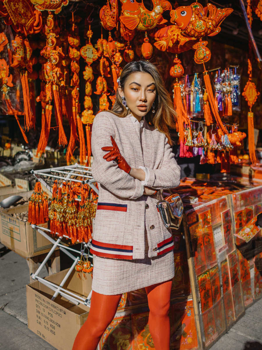 What to wear for Chinese New year, Sandro tweed set, red tights, red leather gloves // Notjessfashion.com