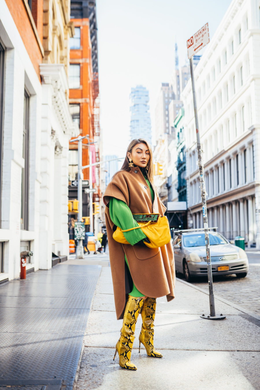 what to wear with knee high boots, sweater dress, yellow snake skin boots // Notjessfashion.com