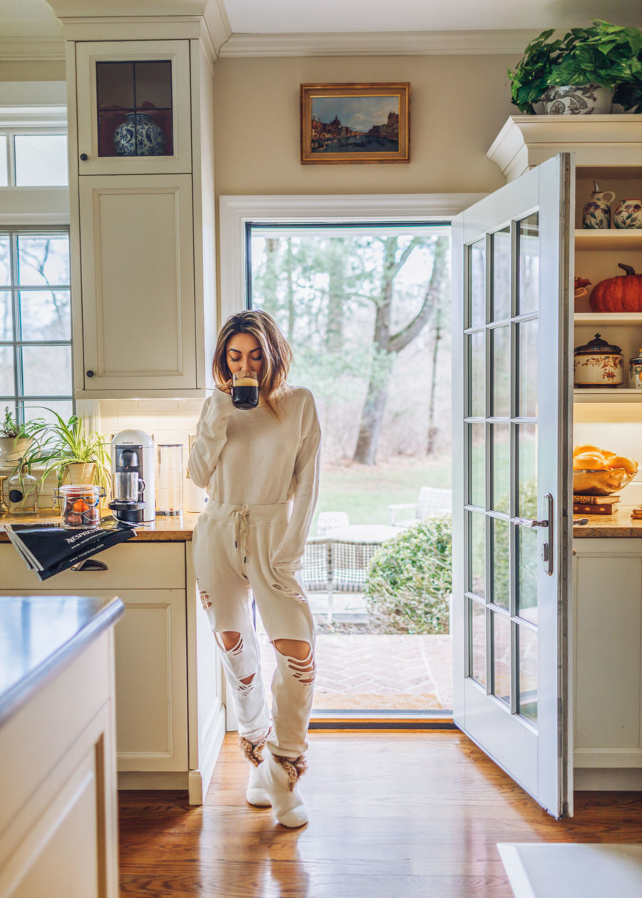 Jessica Wang wearing white pajamas drinking from nespresso while sharing her favorite crowd pleasing gifts from amazon // Jessica Wang - Notjessfashion.com