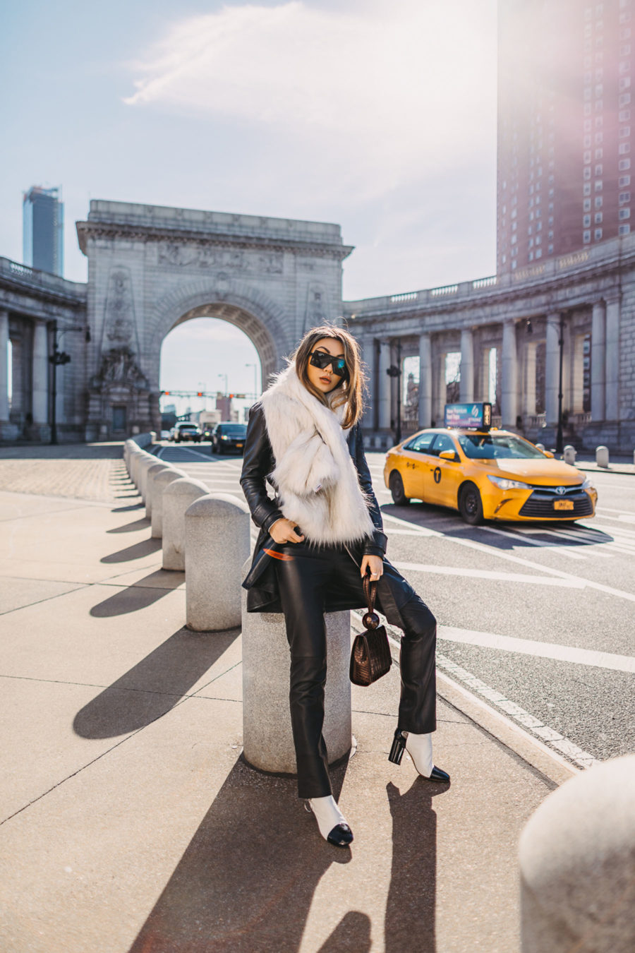 trouser styles for women, by far leather tote, saint laurent sunglasses, faux fur wrap, leather coat and pants, nyc winter style, oversized scarf // Notjessfashion.com