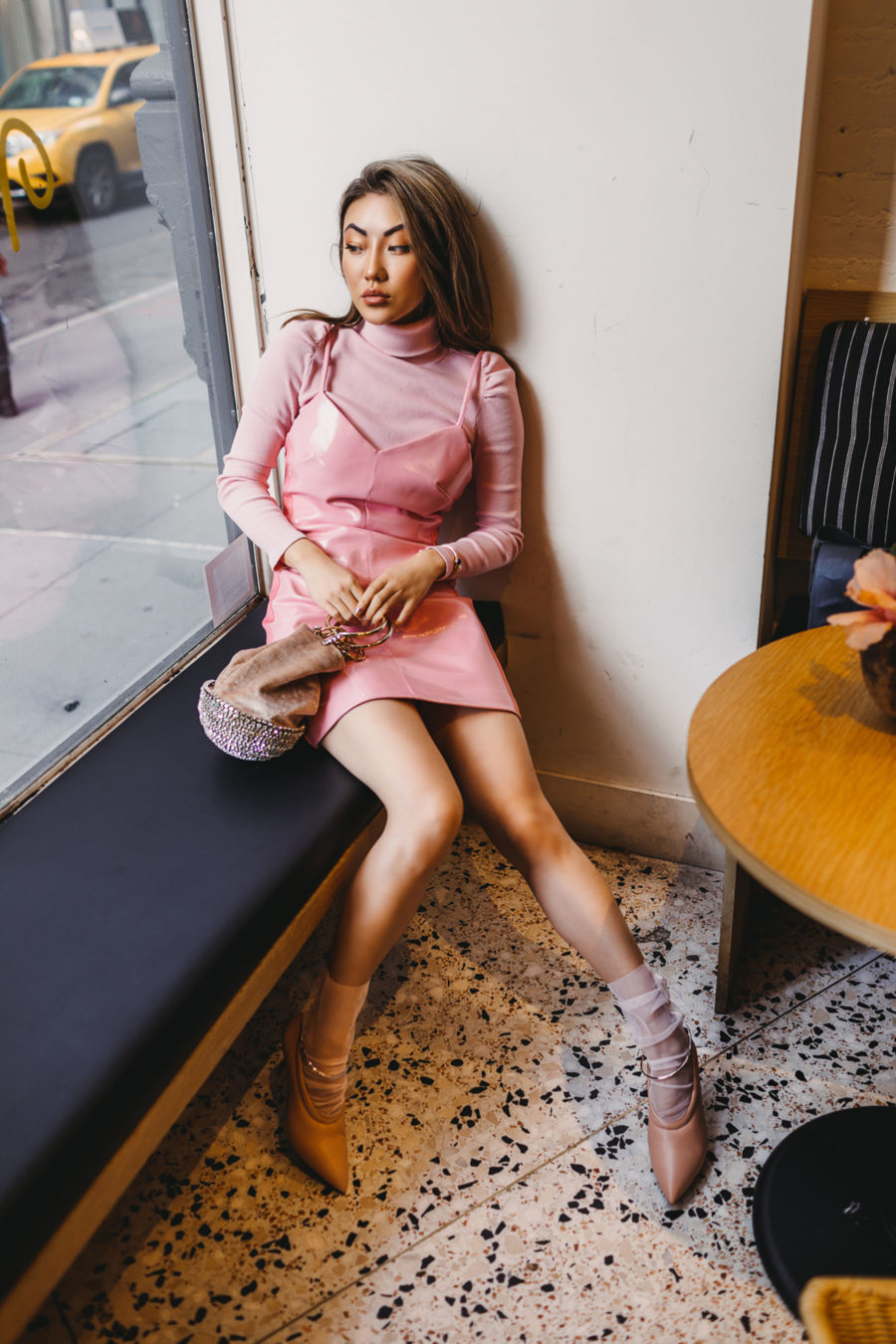 cozy chic items, layered turtleneck, monochromatic pink outfit, pink mini dress // jessicawang.com