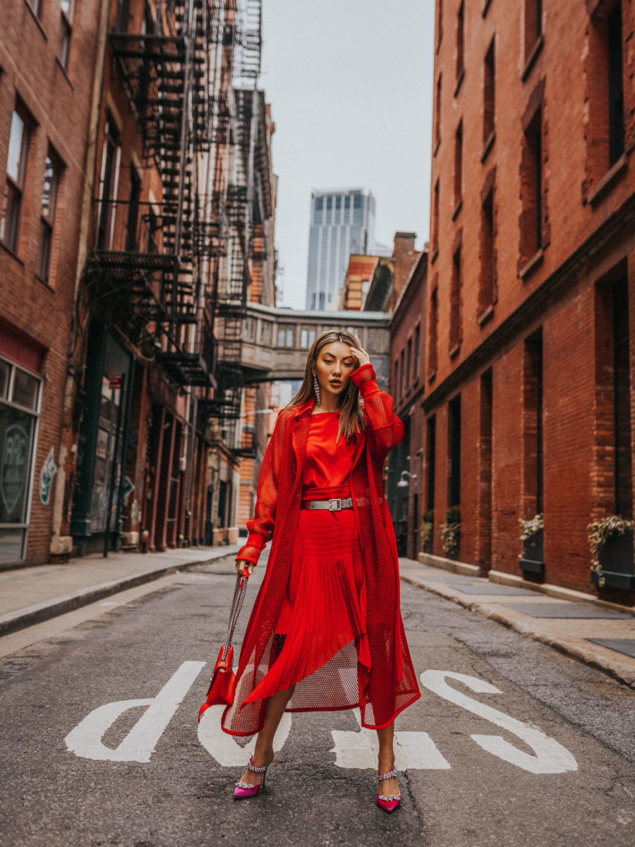 nyfw street style, nyfw spring 2019 street style, monochromatic red outfit, red akris dress // jessicawang.com