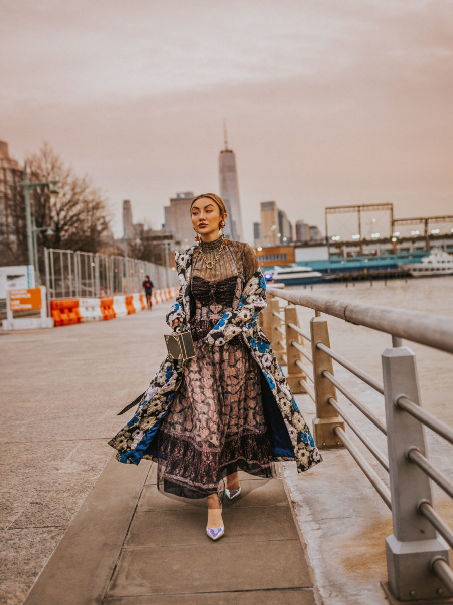 nyfw street style, nyfw spring 2019 street style, anna sui dress, chanel tortoise earrings // jessicawang.com