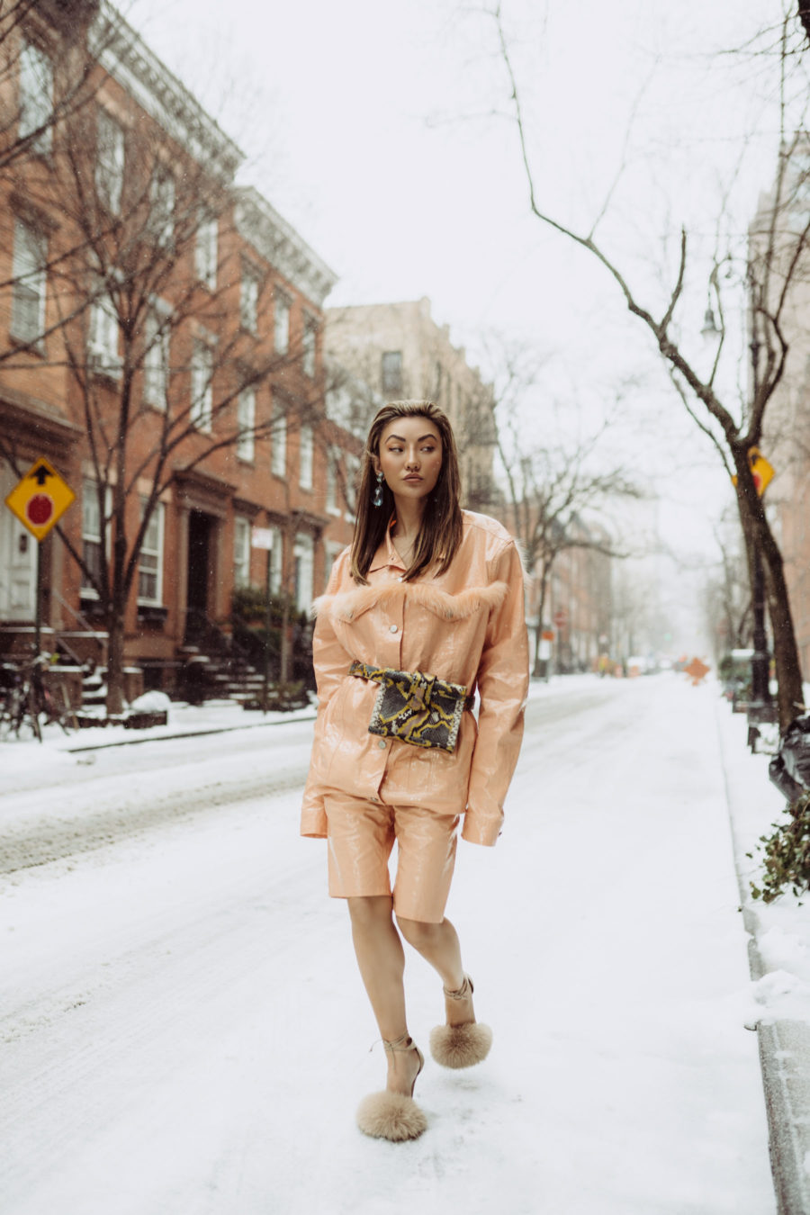 nyfw street style, nyfw spring 2019 street style, sally lapointe patent leather suit, brian atwood feather sandals // jessicawang.com
