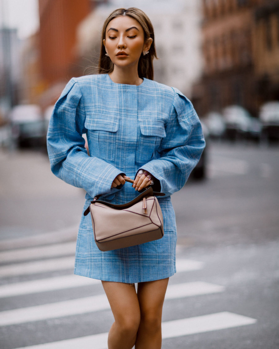 tips to make your closet more sustainable, blue plaid dress, loewe puzzle bag // Notjessfashion.com