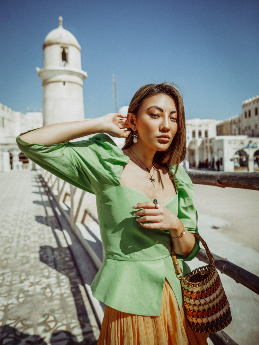 how to layer necklaces, layered necklace trend, layered gold necklace, green and yellow outfit // Notjessfashion.com