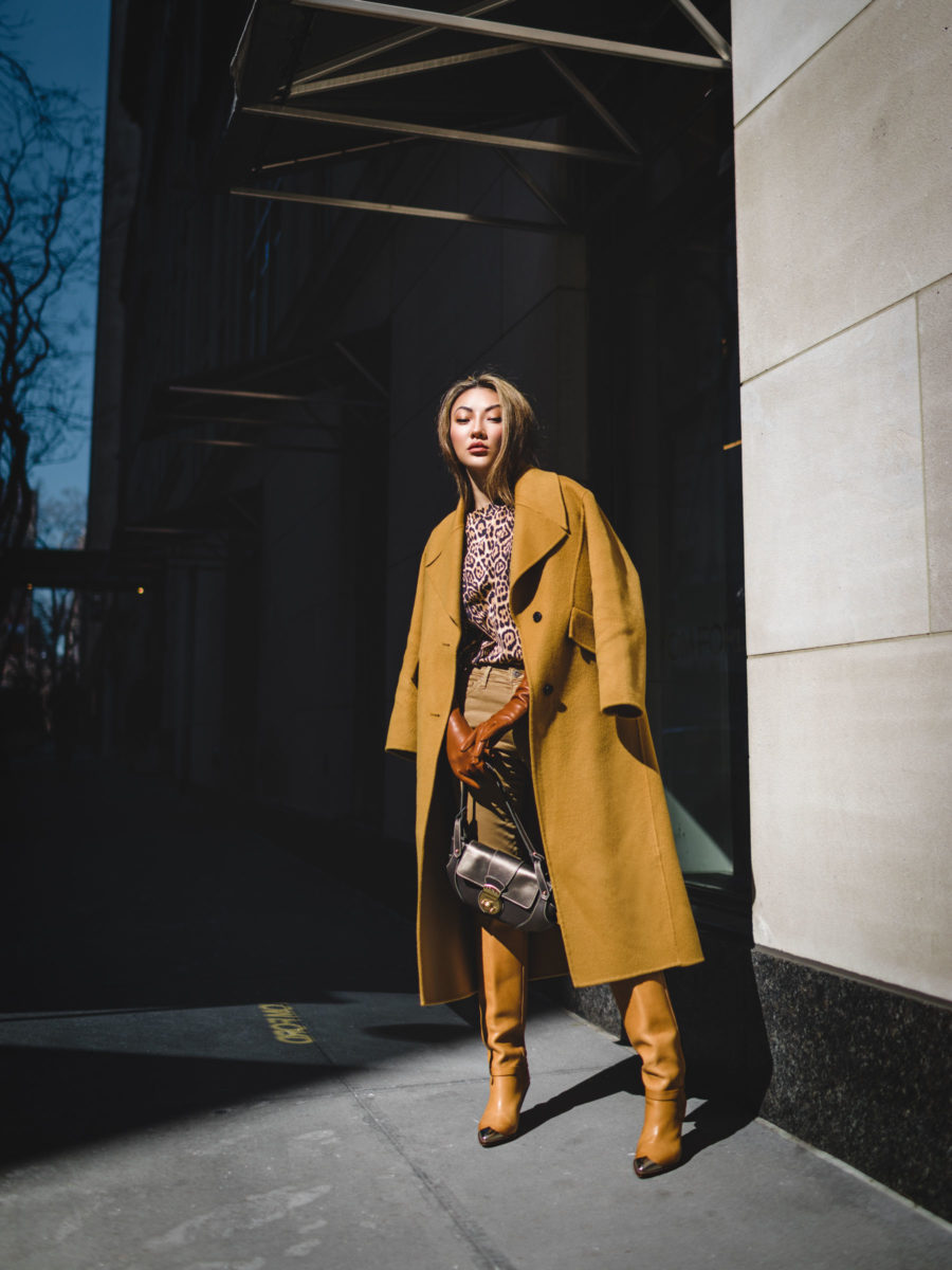 biggest winter boot trends - ba&sh Coat, leopard top, AG jeans, isabel marant boots, leather gloves, tan monochrome outfit // Notjessfashion.com